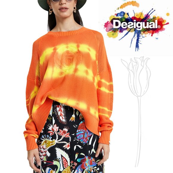 DESIGUAL Orange Faded and Ethnic Knit Sweater